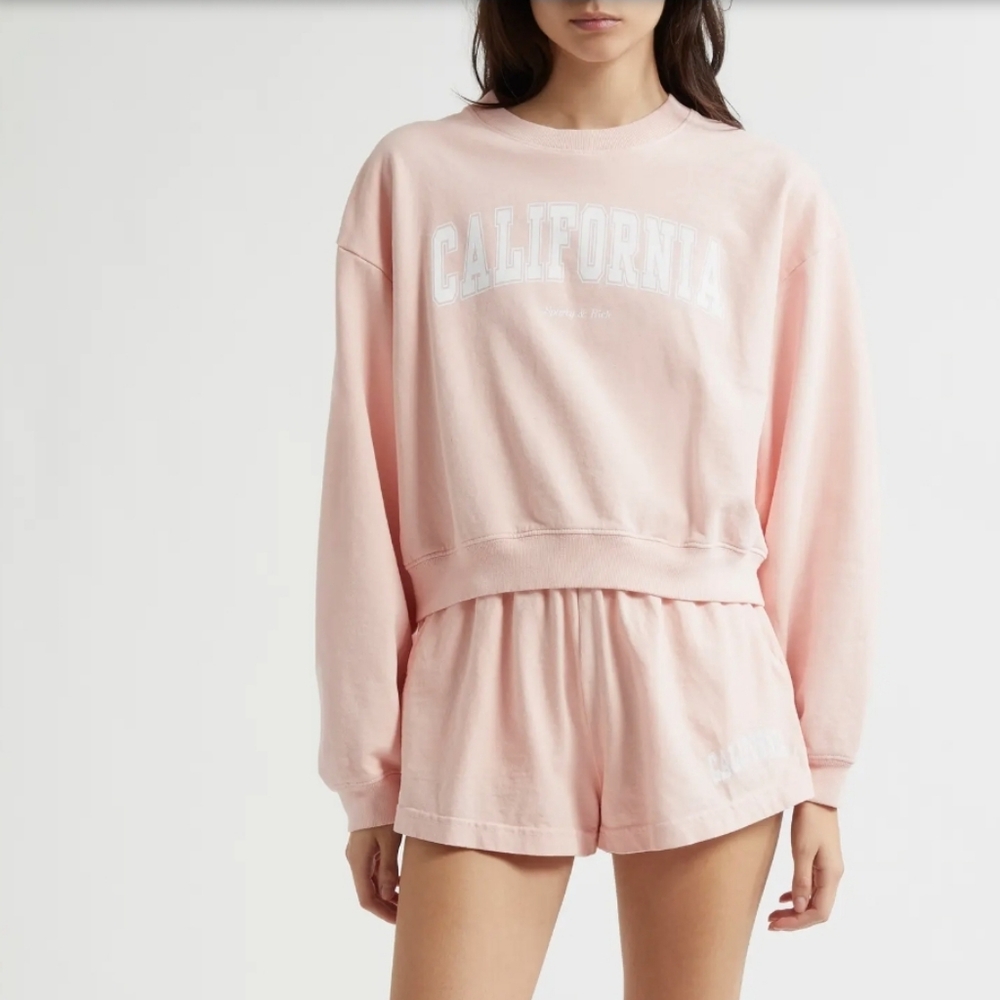 Sporty & Rich California Crewneck Crop Sweatshirt Ballet Pink & White NEW Cotton